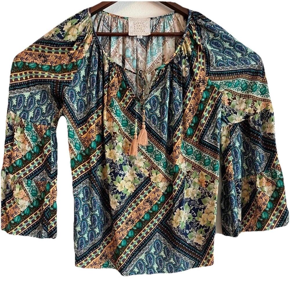 NWT- Johnny Was 'Miza' Patchwork-Print Bell-Sleeve Tunic Top, Multi -Size XSmall